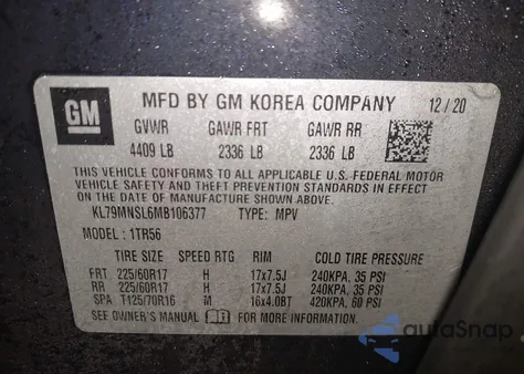 2021 Chevrolet Trailblazer Awd Ls из США, поврежденный, VIN KL79MNSL6MB106377